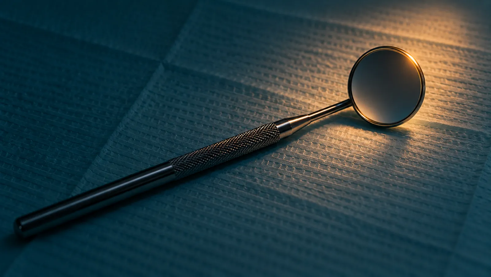 Illustrative stainless dental mirror on a paper bib, catching the warm edge of an operatory light